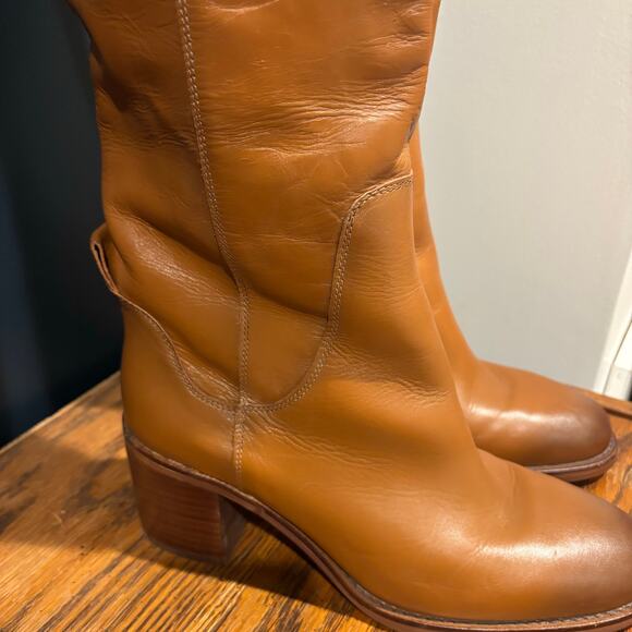 Zara Leather Knee High Block Heel Pull On Boots - Picture 3 of 15